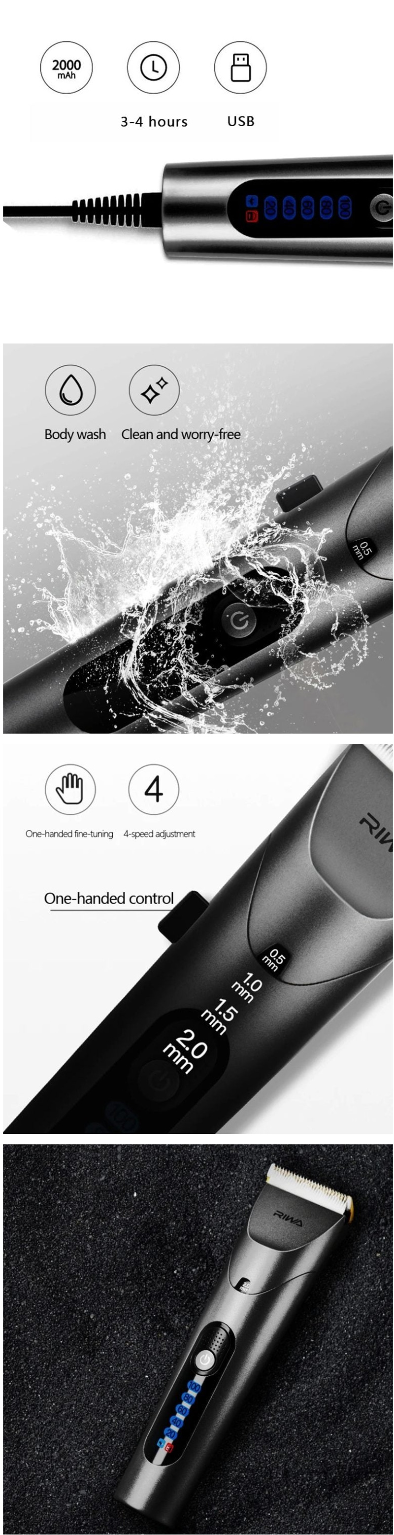 RIWA RE-6305 Washable Rechargeable Hair Clipper