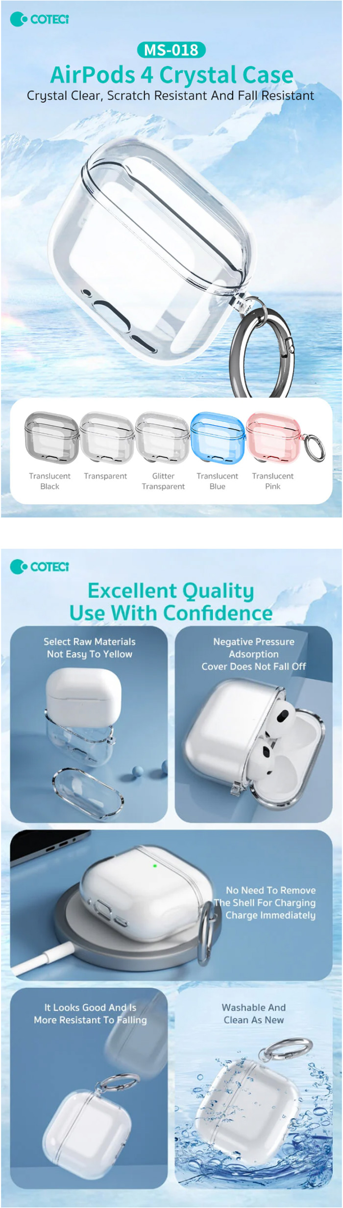 COTECi Soft Shell Scratch Resistant Crystal Case for AirPods 4 (MS-018)