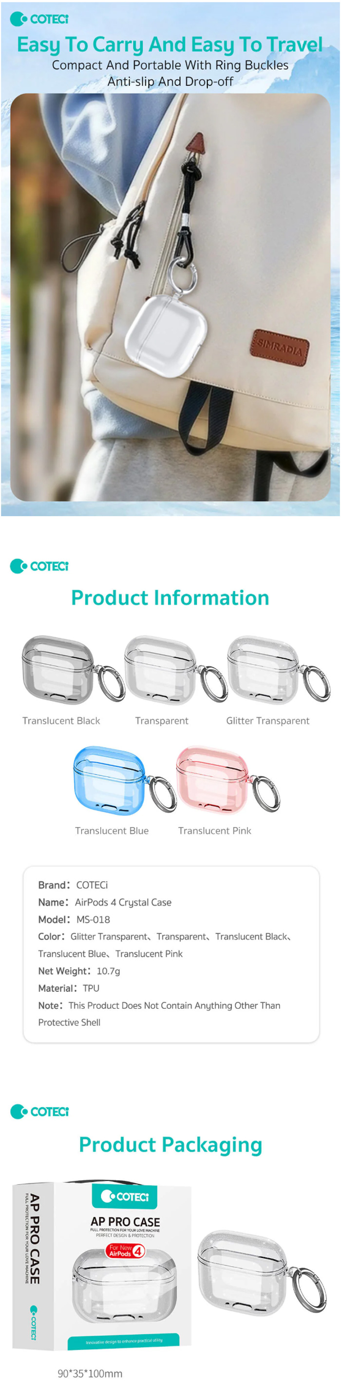 COTECi Soft Shell Scratch Resistant Crystal Case for AirPods 4 (MS-018)