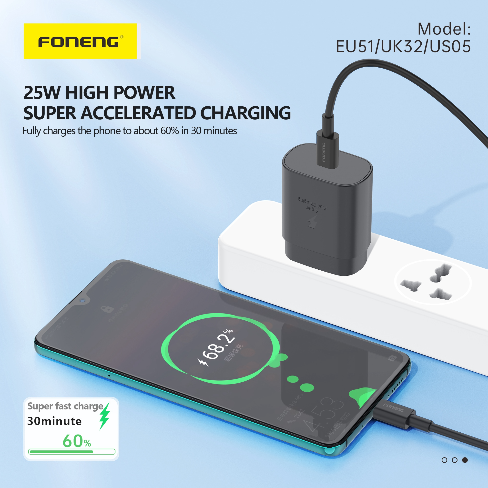 FONENG EU51 25W PD GaN USB C Wall Charger With Type C Cable 3