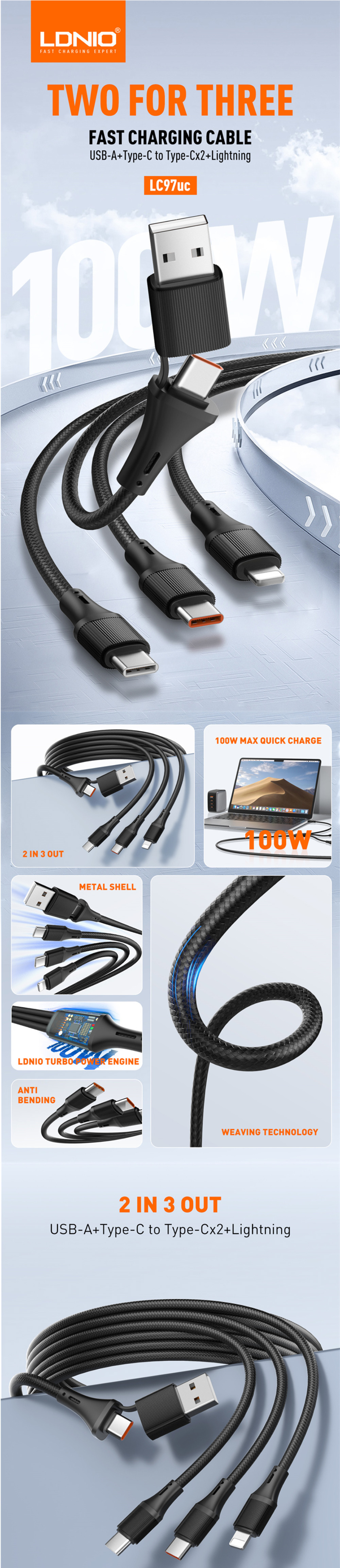 LDNIO LC97UC Two-for-Three 100W Fast Charging Cable