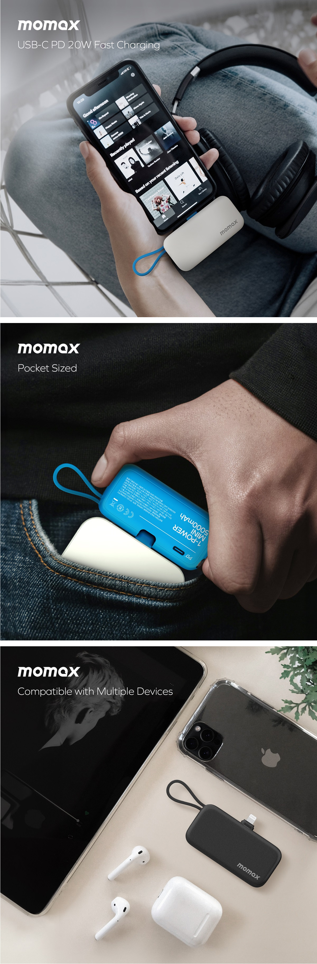 MOMAX 1-Power Mini 3-in-1 5000mAh Power Bank