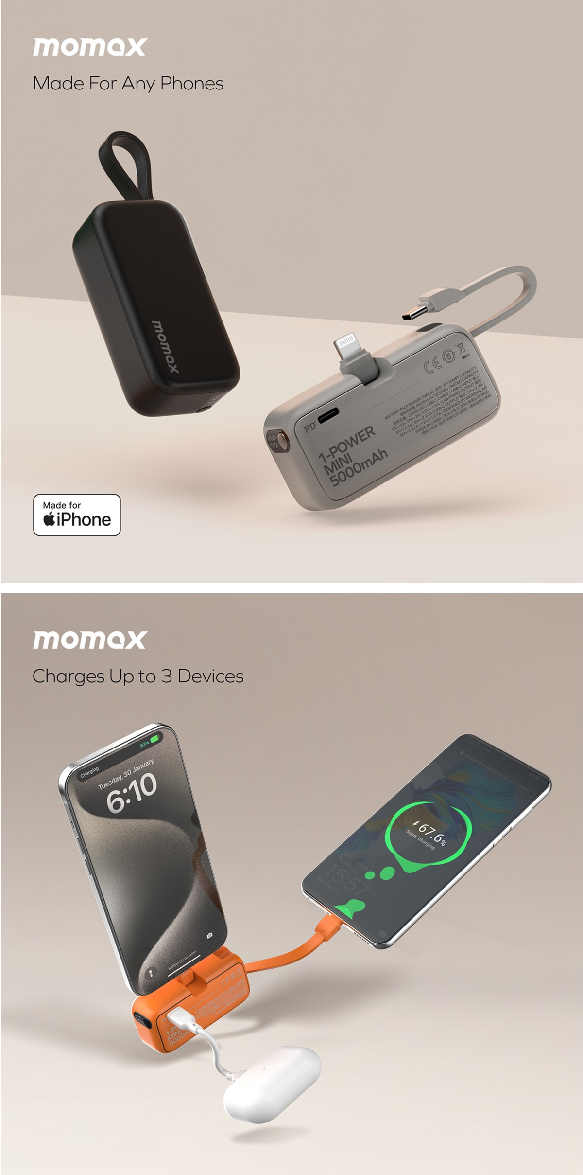 MOMAX 1-Power Mini 3-in-1 5000mAh Power Bank