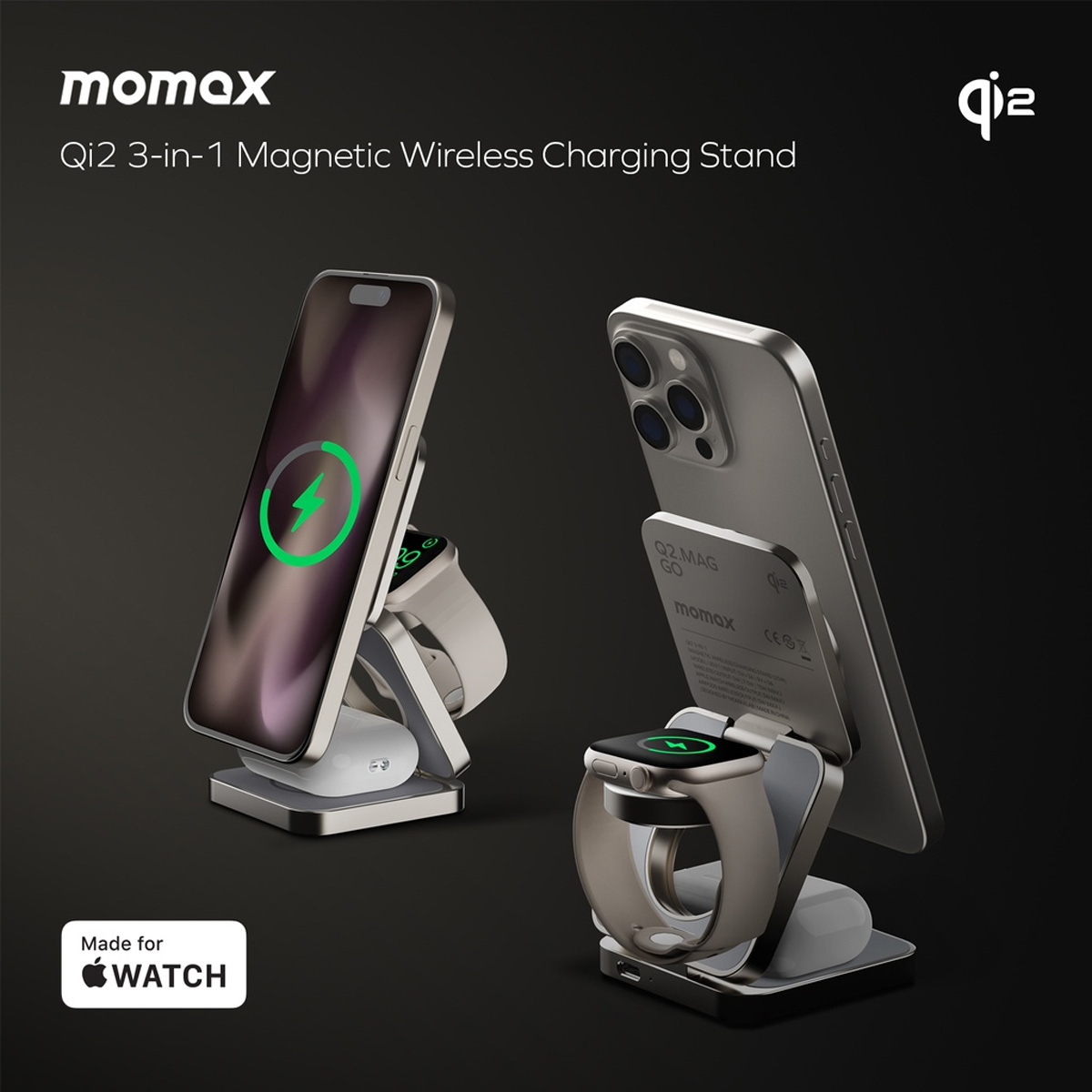 MOMAX Q2.Mag Go Qi2 3-in-1 Magnetic Wireless Charging Stand - UD31L