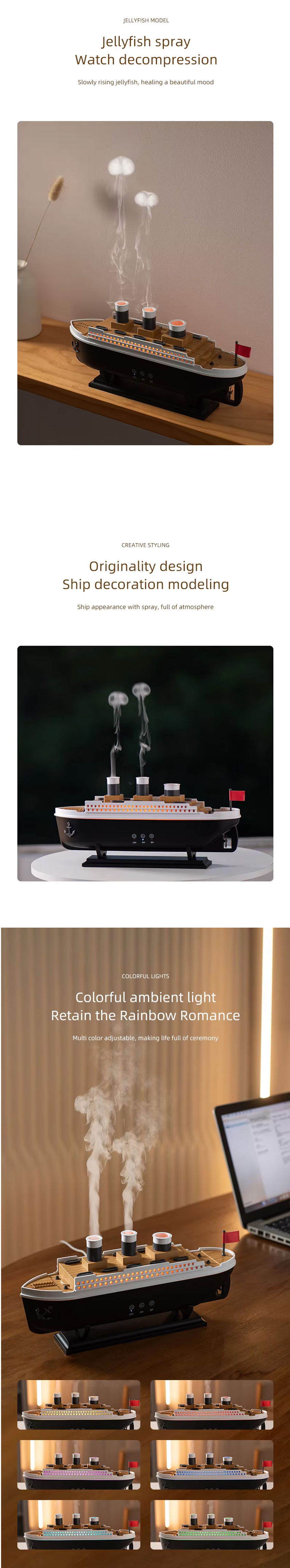 Jellyfish Ship Shape Ultrasonic Air Humidifier Aroma Essential Diffuser Remote Control with Colorful Lighting