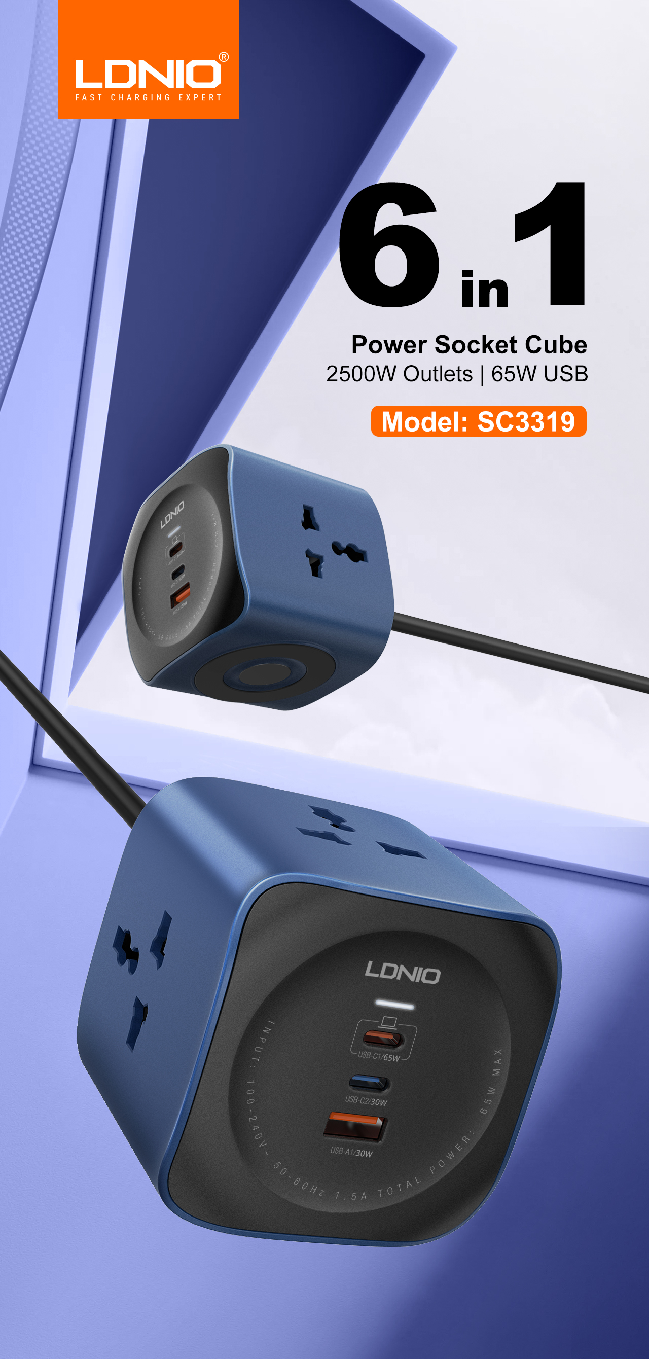 LDNIO SC3319 65W 10A 2500W Cube Power Socket 10