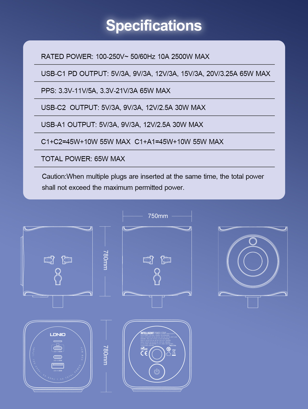 LDNIO SC3319 65W 10A 2500W Cube Power Socket 14