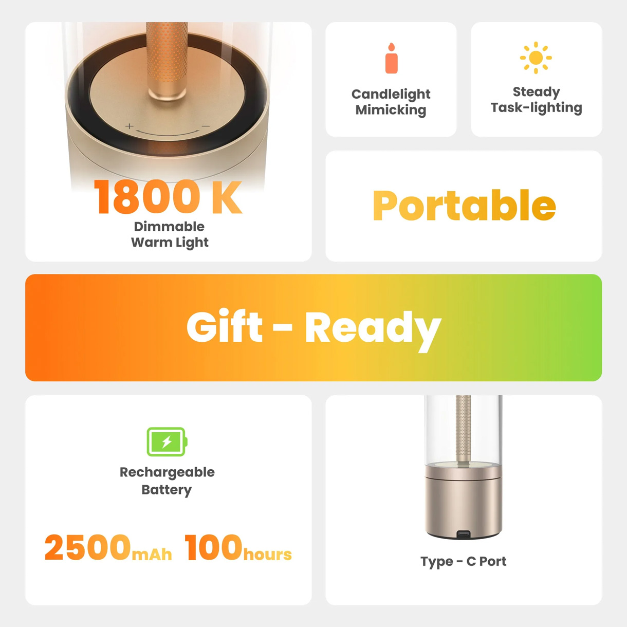 Yeelight Candela Lamp Rechargeable 1800K Dimmable Ambient Light 2500mAh Battery 44