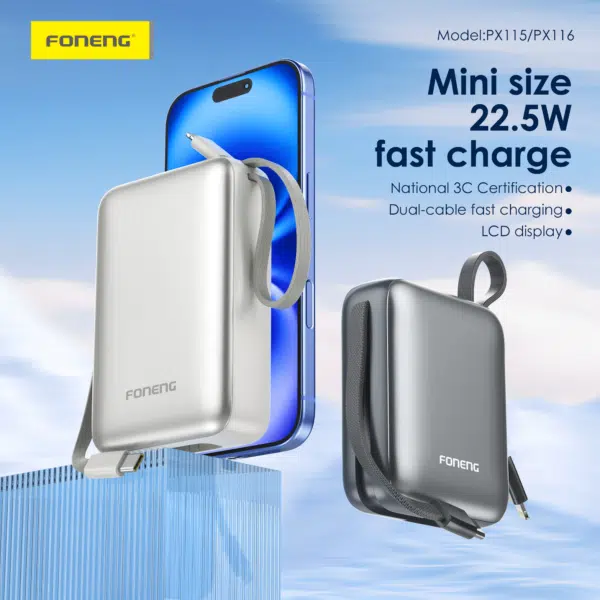 FONENG PX115 10000mAh Mini 22.5W Power Bank with 2 Built-in Cables - Image 6