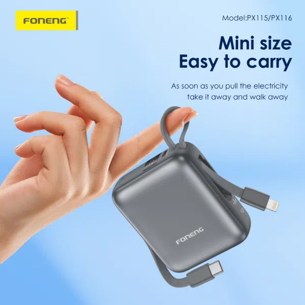 FONENG PX115 10000mAh Mini 22.5W Power Bank with 2 Built-in Cables - Image 5