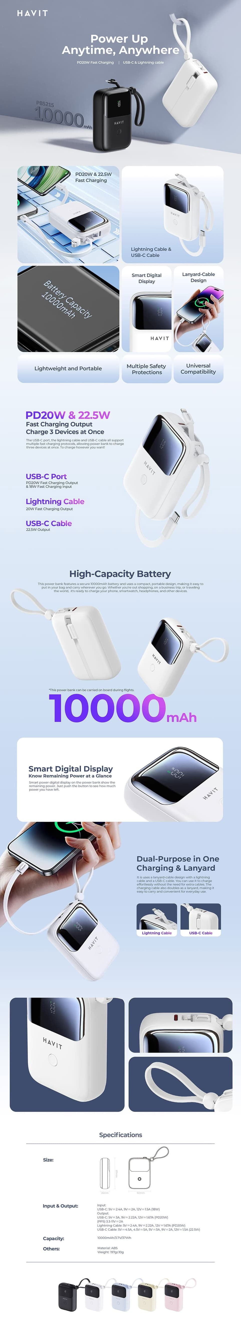 HAVIT PB5215 10000mAh PD20W Fast Charging Power Bank 10