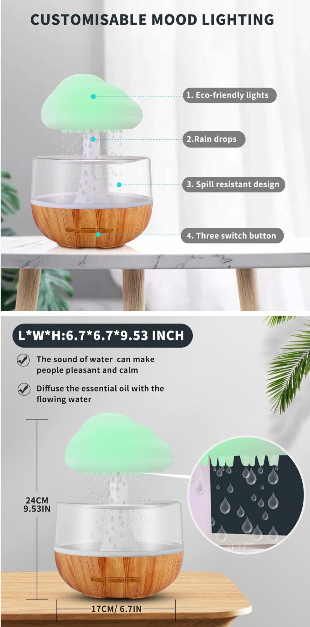 Mashroom Rain Cloud Night Light Humidifier with Raining Water Drop Sound