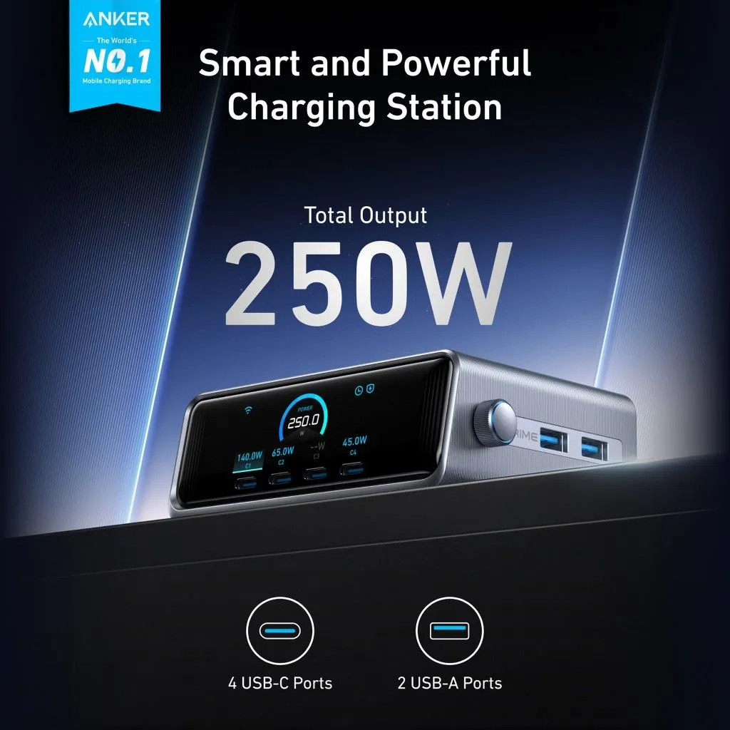 Anker Prime 250W GaN USB-C Charging Station with LCD Display & Smart Control (A2345)