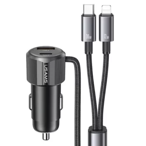 USAMS CC287 YT Series 66W Dual-Port USB & Type-C Car Fast Charger with 2-in-1 Cable