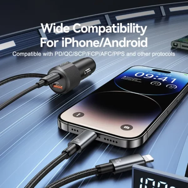 USAMS CC287 YT Series 66W Dual-Port USB & Type-C Car Fast Charger with 2-in-1 Cable
