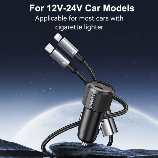 USAMS CC287 YT Series 66W Dual-Port USB & Type-C Car Fast Charger with 2-in-1 Cable