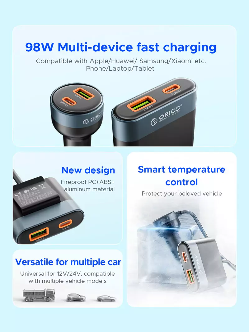 ORICO CC-98AC 98W 4-Port Car Back Seat Charger