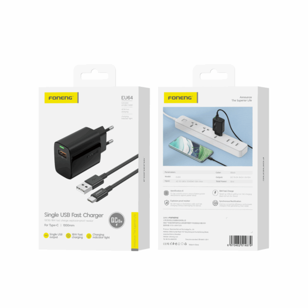 FONENG EU64 18W Fast Charger with Type-C Cable - Image 3