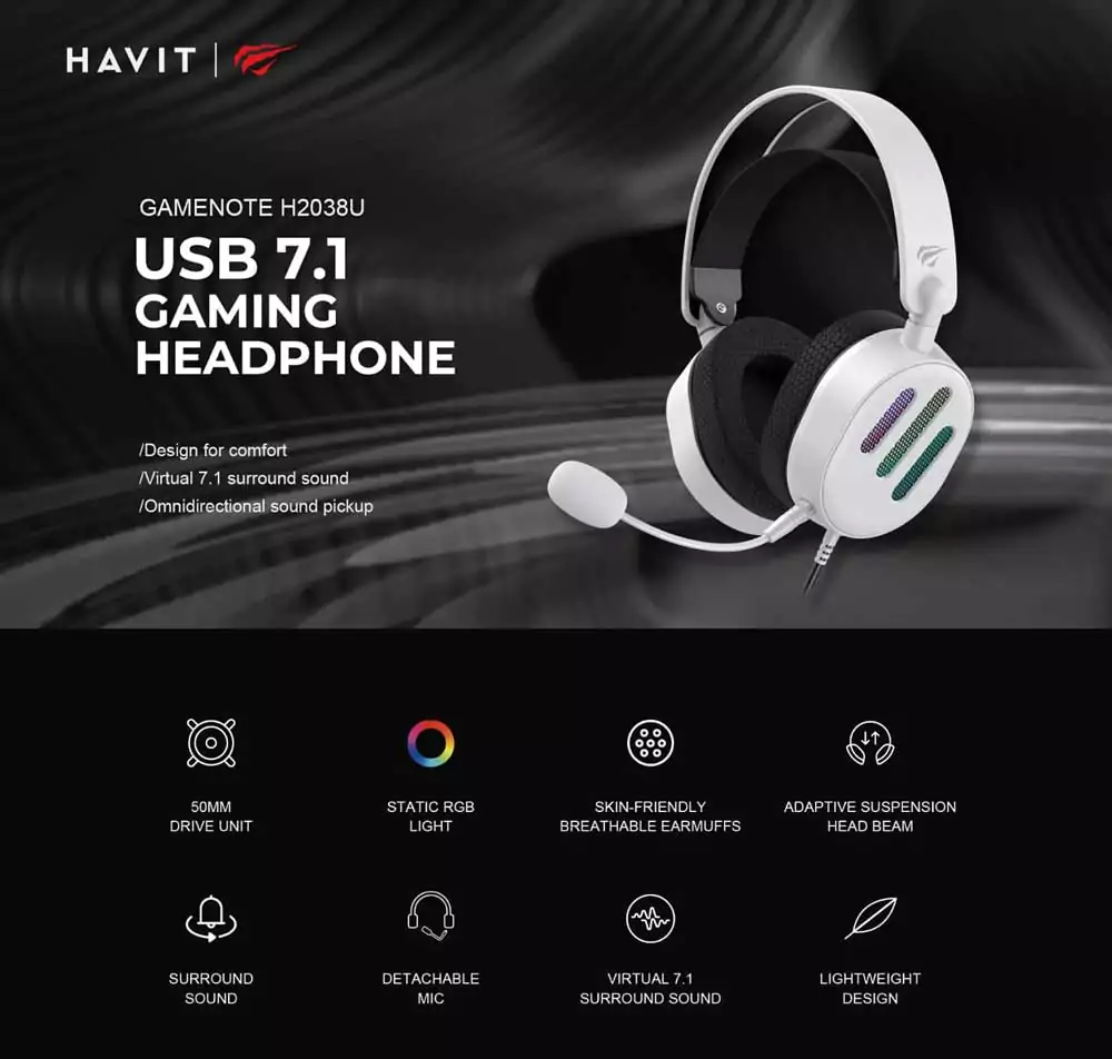 HAVIT H2038U GAMENOTE USB 7.1 Gaming Headphones with RGB Light – 50MM Driver, Virtual Surround Sound