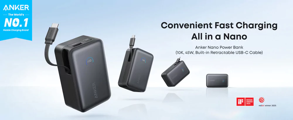 Anker Nano 10000mAh 45W Power Bank with Built-In Retractable USB-C Cable