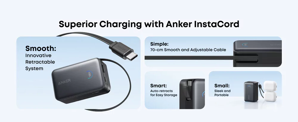 Anker Nano 10000mAh 45W Power Bank with Built-In Retractable USB-C Cable