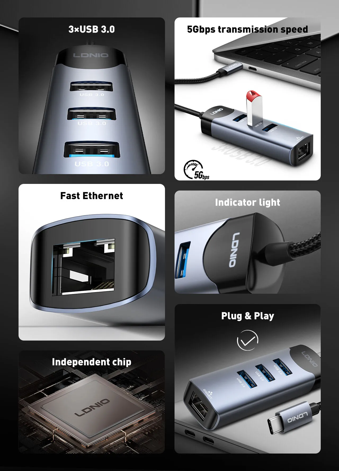 LDNIO DS-144C Type-C to USB-A 3+RJ45 1 Network Data Transmission Hub