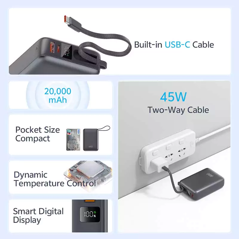 QCY PB20C 20000mAh 45W PD+QC3.0 with Display and Built-in USB-C Cable