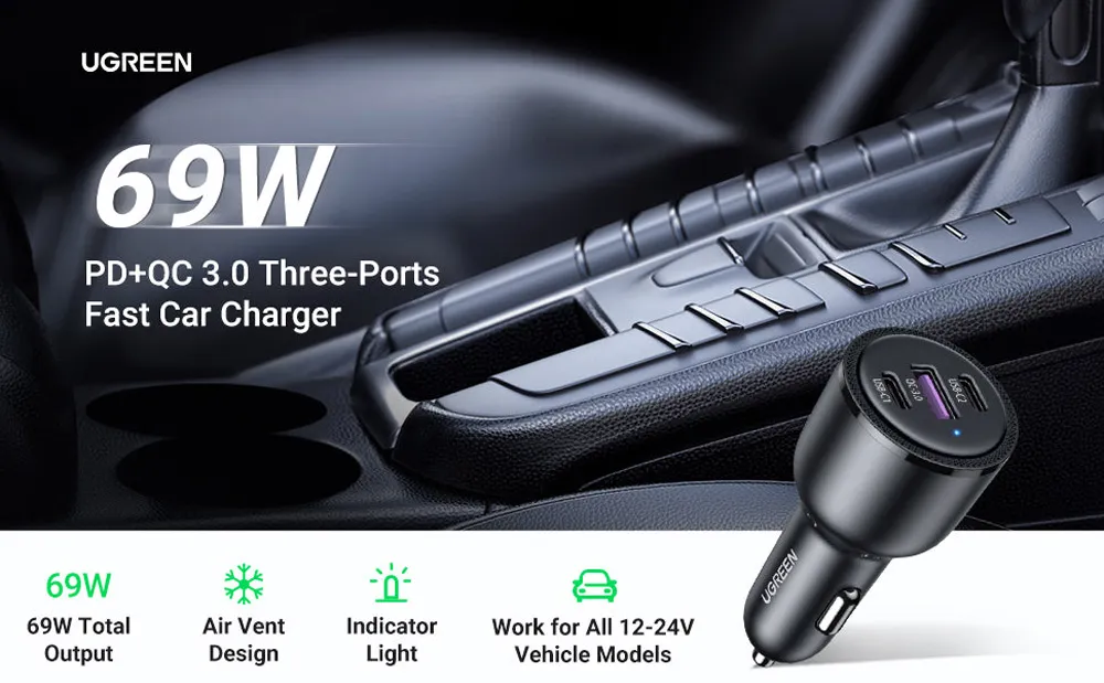 UGREEN 20467 69W PD+QC 3.0 Three Ports Fast Car Charger