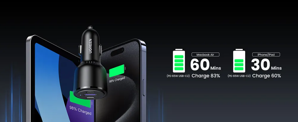 UGREEN 20467 69W PD+QC 3.0 Three Ports Fast Car Charger