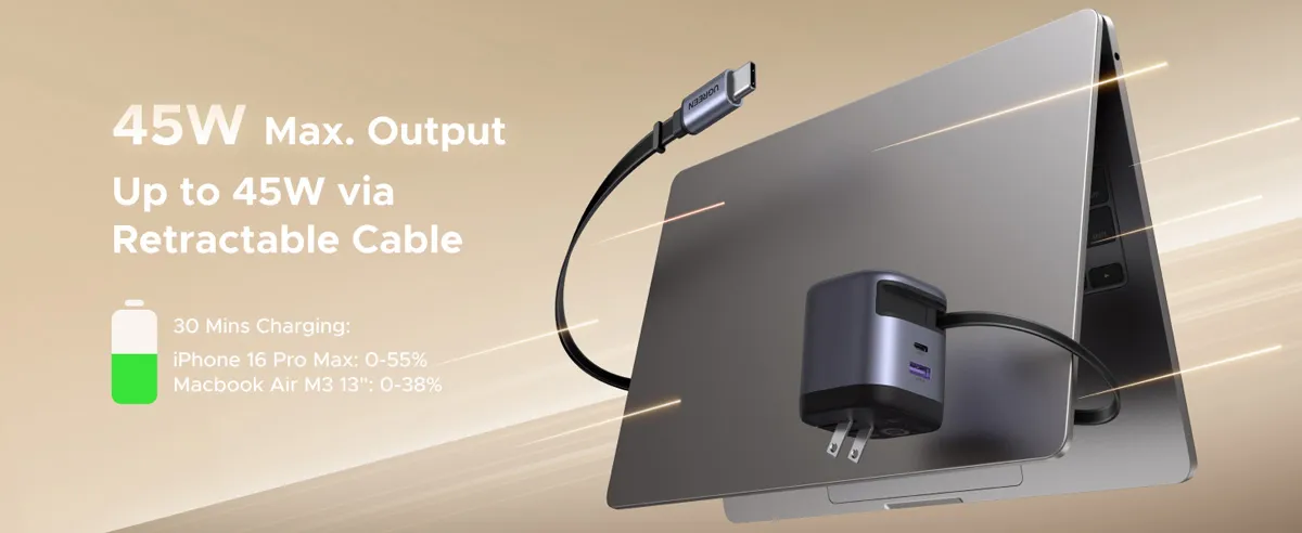 UGREEN 45W GaN Charger with Retractable USB C Cable