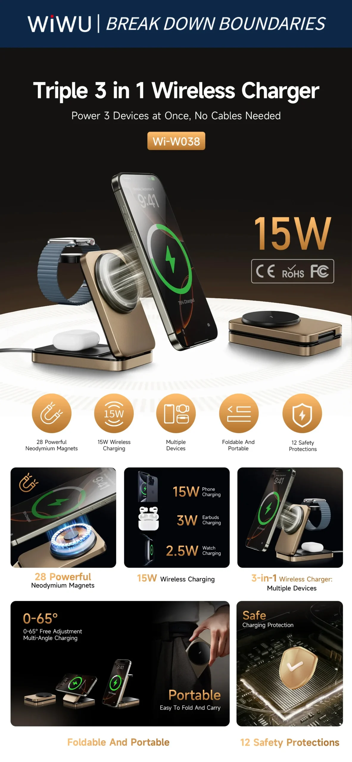 WiWU Wi-W038 3-in-1 Magnetic Wireless Charging Station
