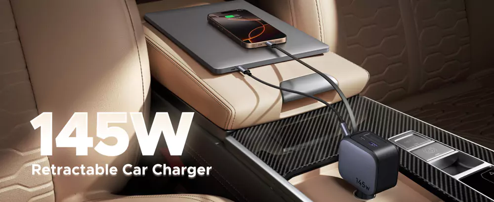 UGREEN Nexode Car Charger 145W with Retractable USB-C Cable